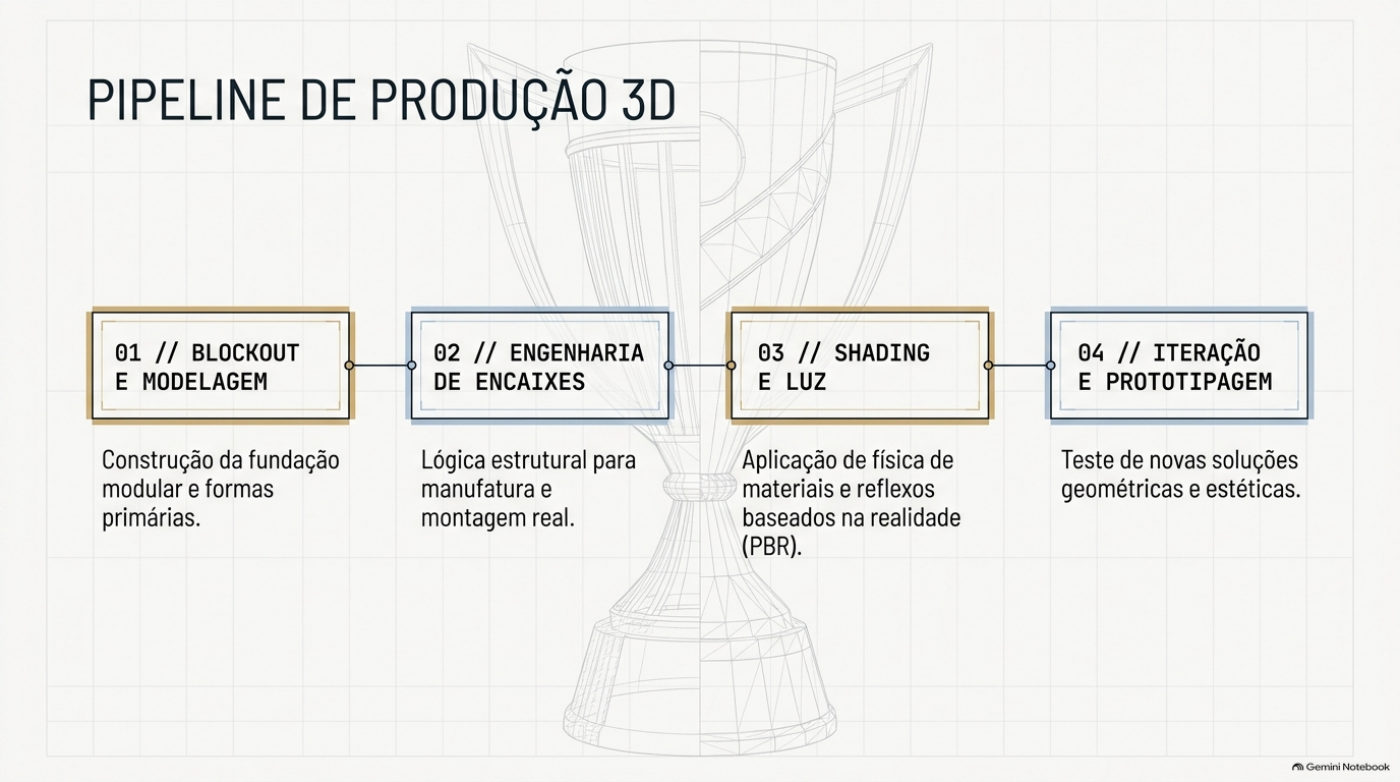 Pipeline de produção 3D — blockout, encaixes, shading e iteração