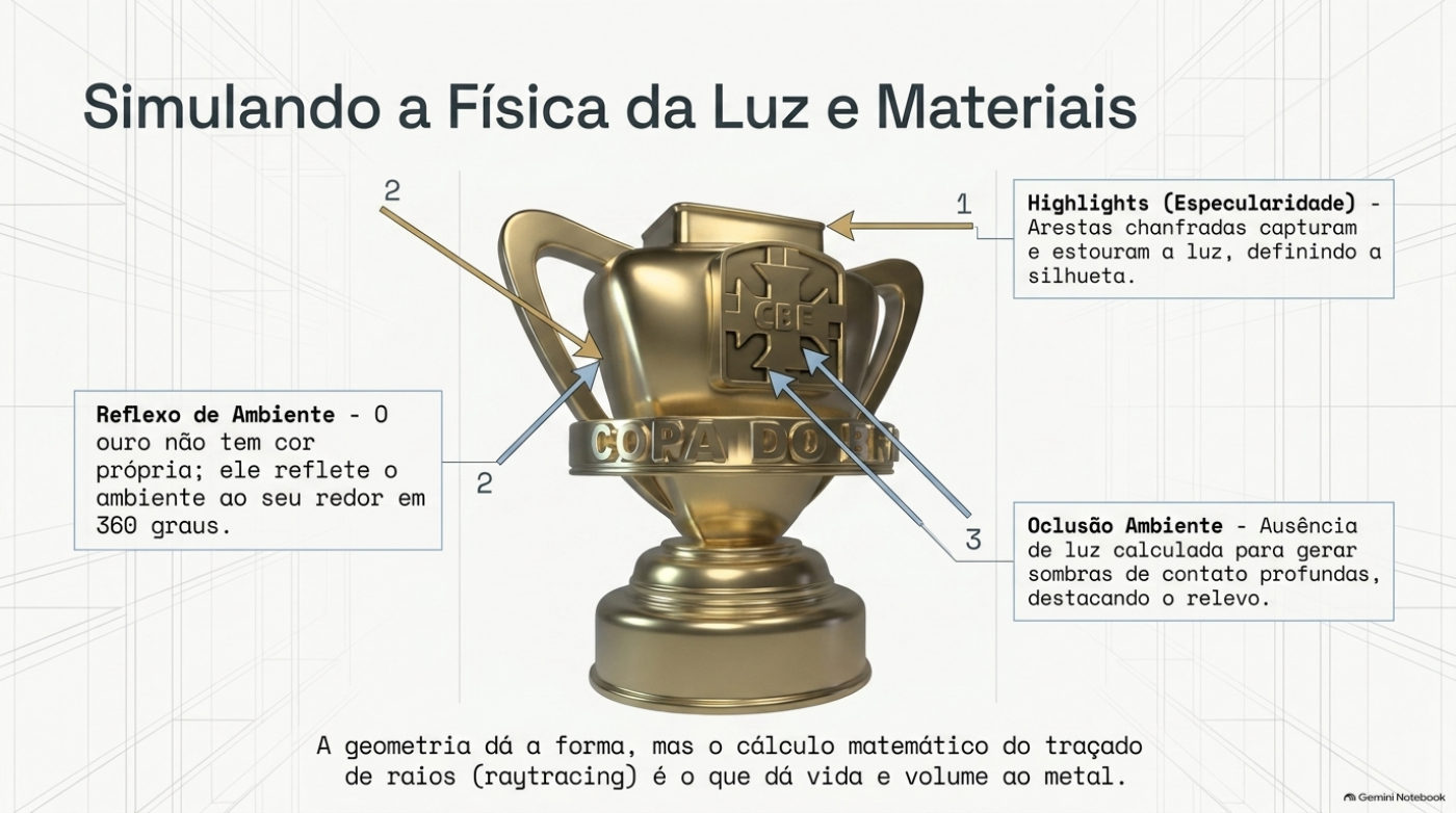 Física da luz e materiais — acabamento dourado PBR