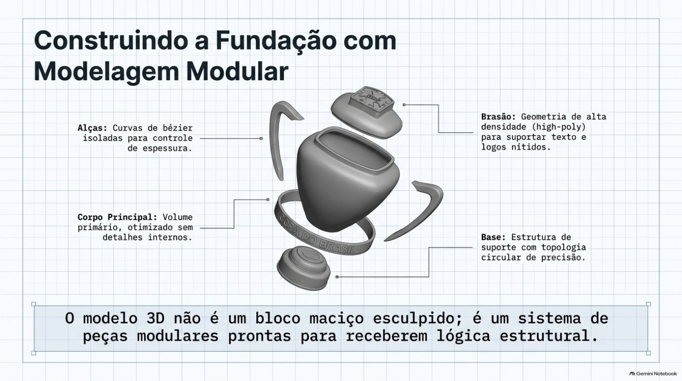 Modelagem modular — alças, corpo principal, brasão e base do troféu